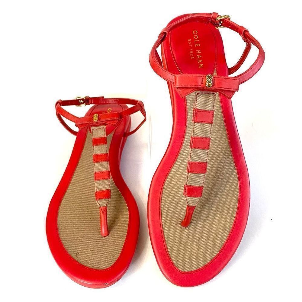 Cole Haan Red Natural Bow Stripe Tstrap Sandal Ankle Womens Size 10